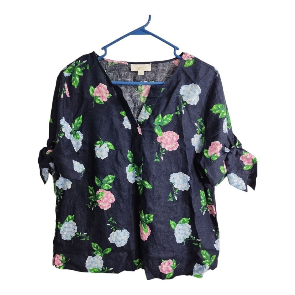 Charter Club Luxury Linen V Neck Tie Sleeve Floral Casual Office Preppy Blouse L